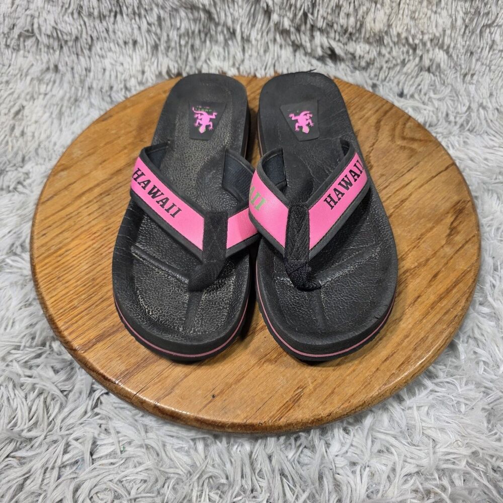 Hawaii Black Pink Flip Flop Women Approx Sz 8  W/ Gecko & "Hawaii" Strap Sandals
